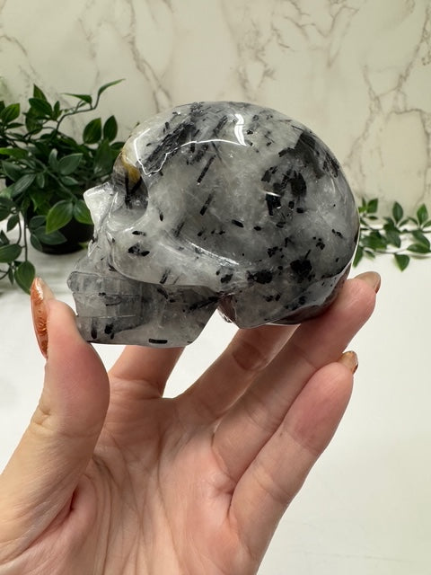 Black Tourmaline in Quartz Skull