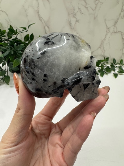 Black Tourmaline in Quartz Skull