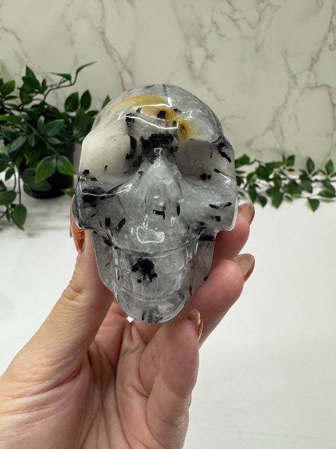Black Tourmaline in Quartz Skull