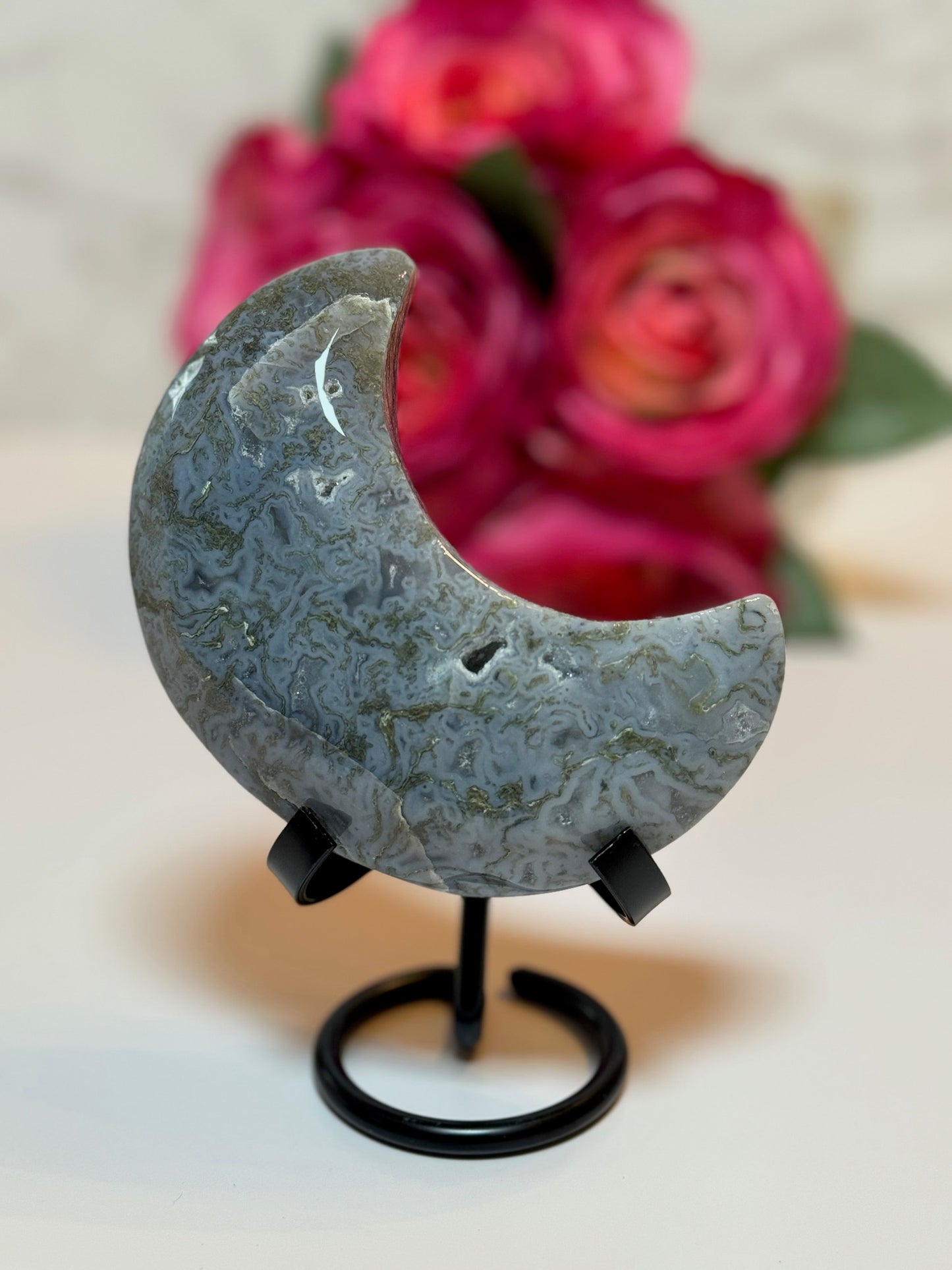 Moss Agate Moon with Stand