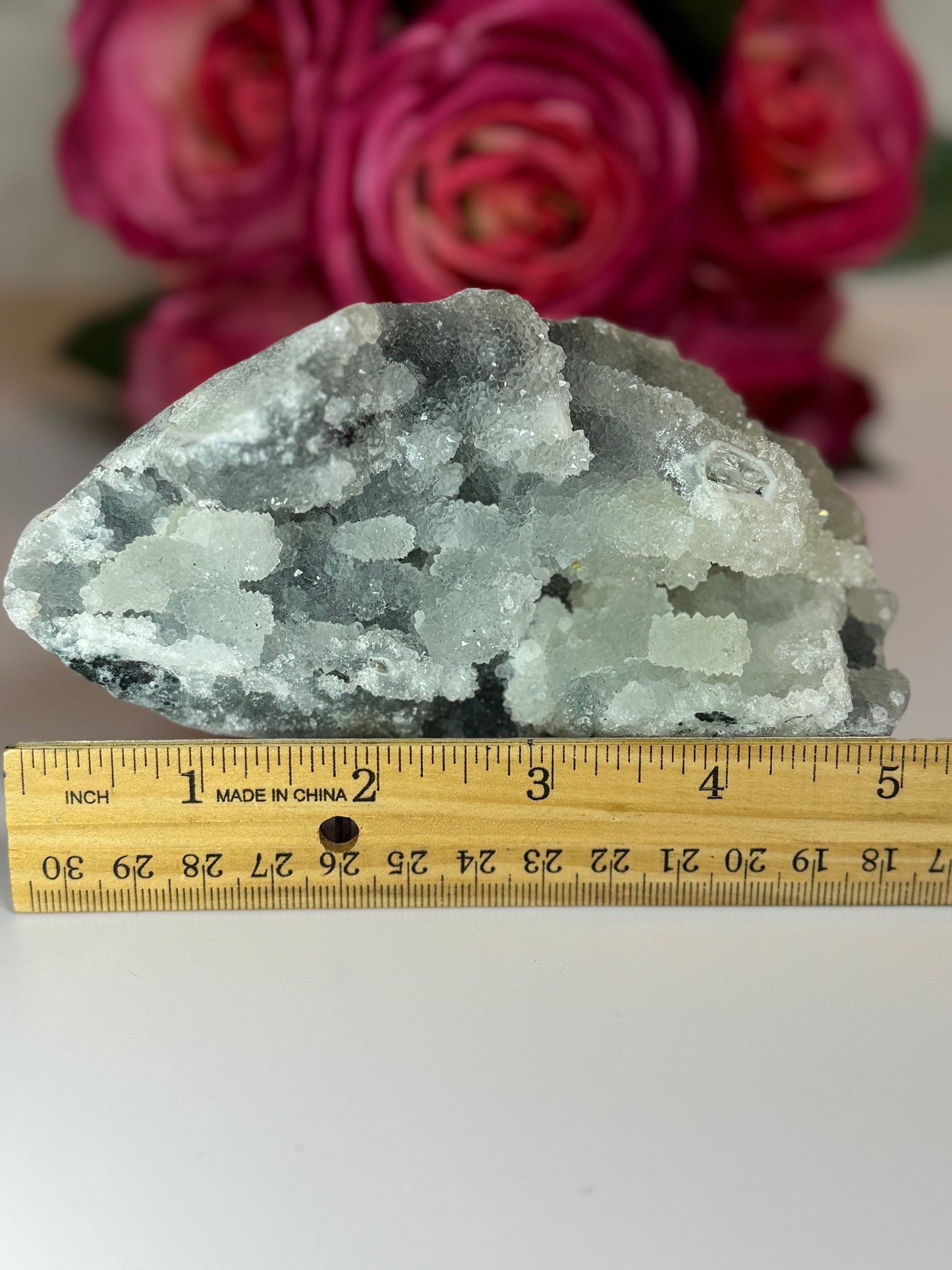 Apophyllite Stalactite on Black Chalcedony