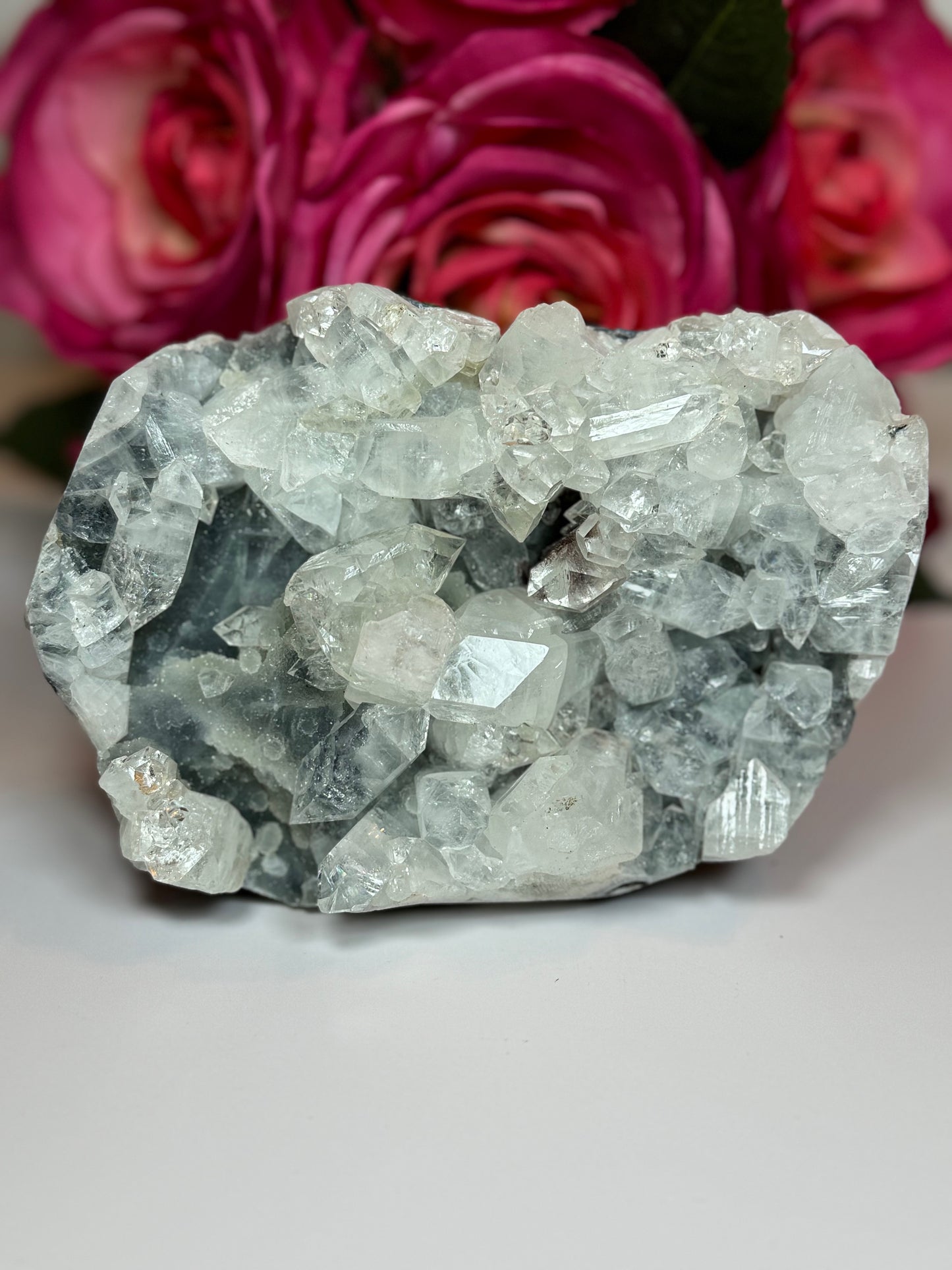 Apophyllite on Blue Chalcedony with Hematite