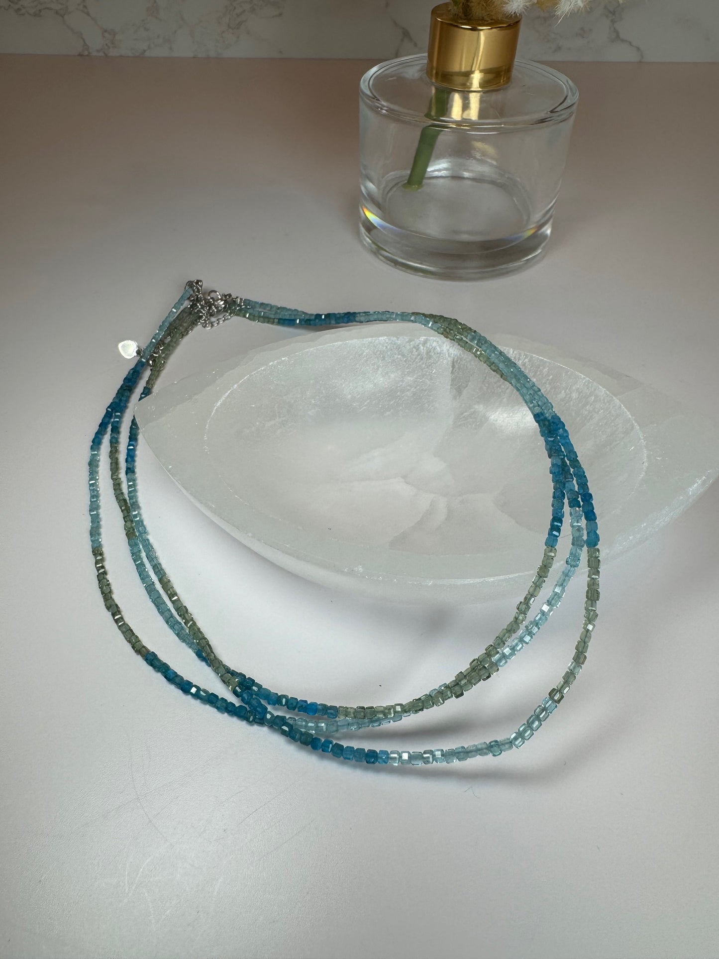 Faceted Blue Apatite and Green Apatite necklace 3mm