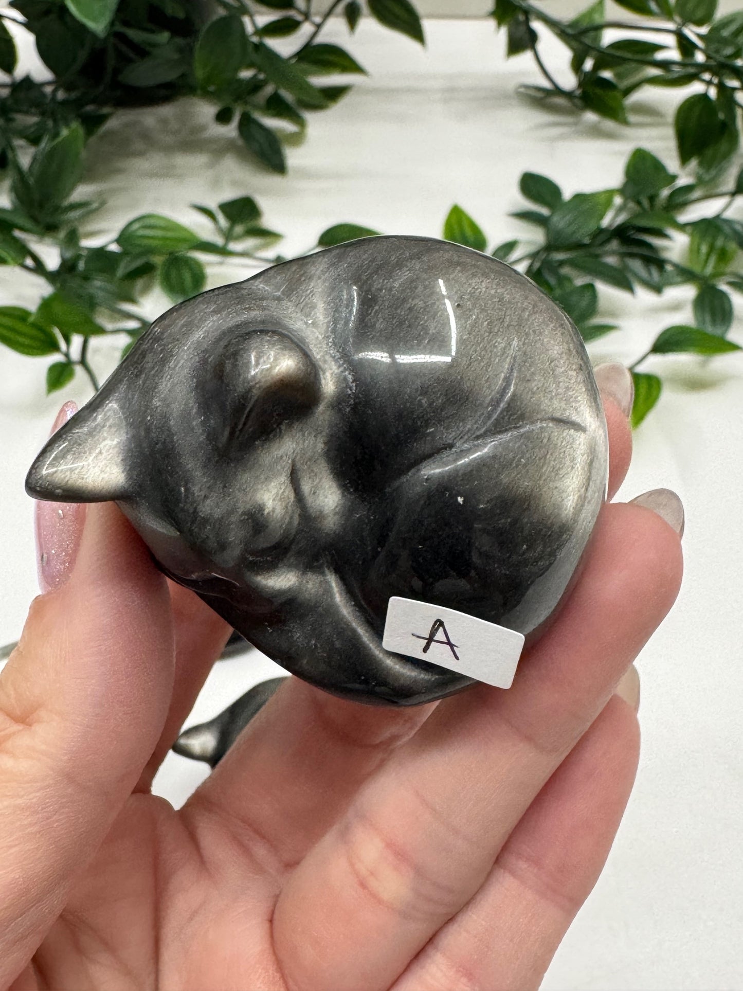 Silver Sheen Obsidian Sleeping Cat