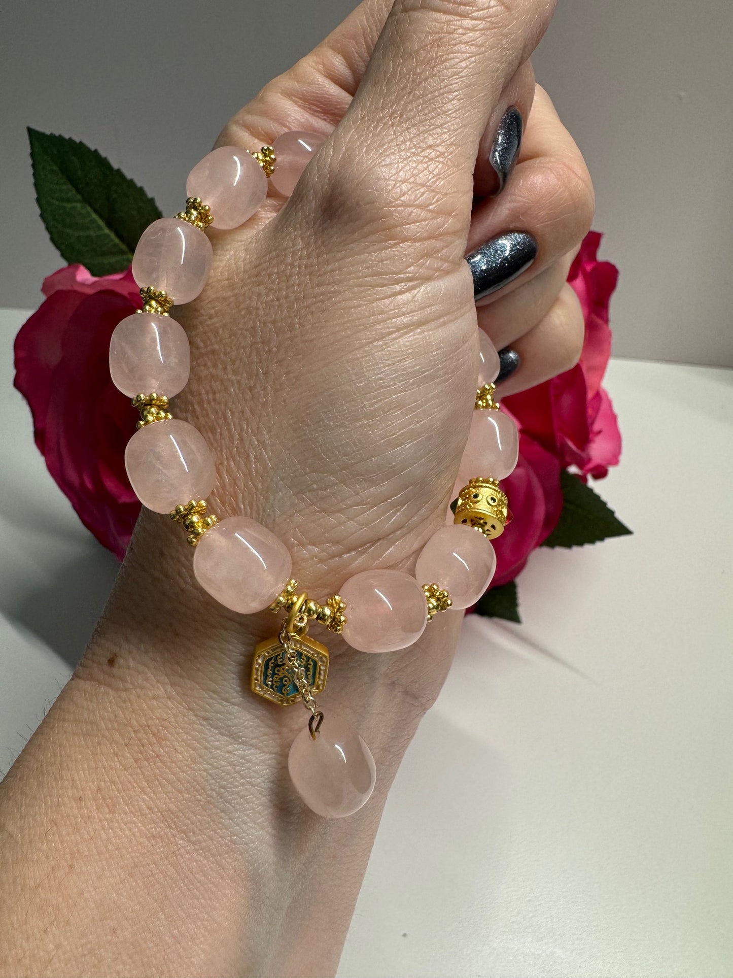 Rose Quartz bracelet with gold accents